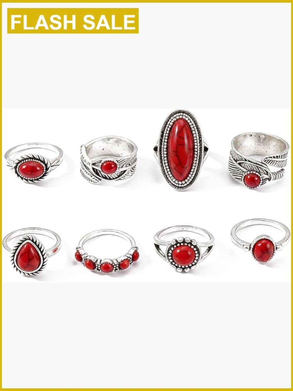 Western Ring Set - 8 Stackable Silver Tone Rings Boho Southwestern Style